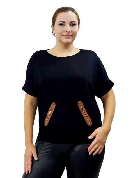 Фото Женская одежда, -Свитера, Джемперы, Пуловеры Трикотажный джемпер с эко-кожей, размер 46-50