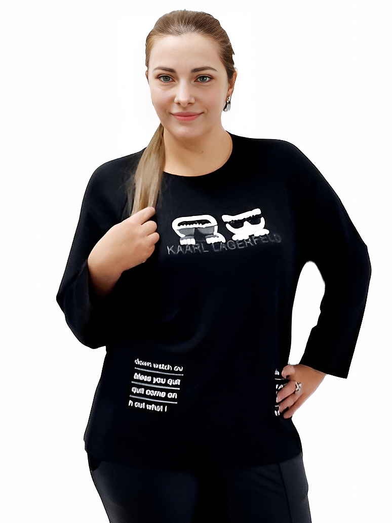 Фото Женская одежда, -Свитера, Джемперы, Пуловеры Черный трикотажный джемпер с принтом Karl Lagerfeld x Choupette