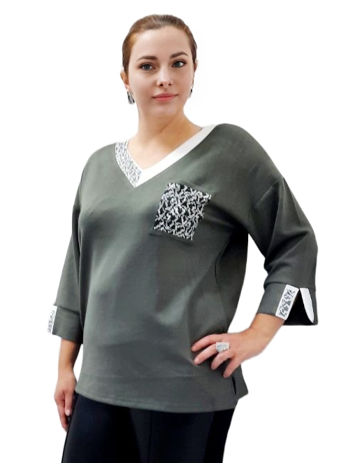 Фото Женская одежда, -Свитера, Джемперы, Пуловеры Оливковый трикотажный полувер со стразами