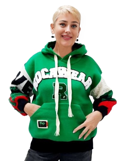 Фото Женская одежда, -Свитера, Джемперы, Пуловеры Яркий женский джемпер с капюшоном